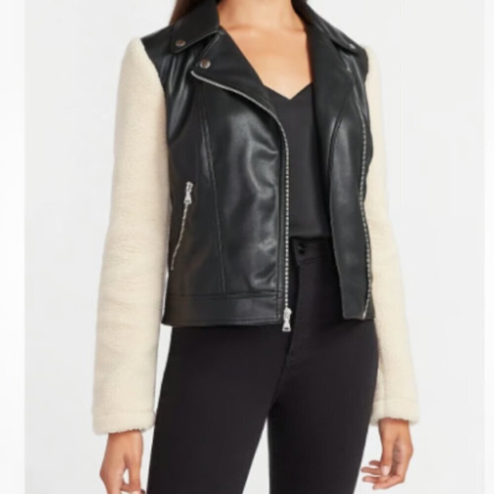 EXPRESS Black Faux Leather Moto Jacket with Fleece Sleeves (Women's Small)